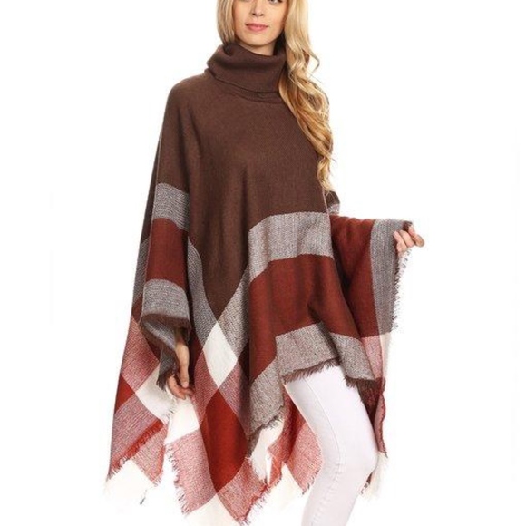 Plaid Poncho -Red and Brown - Picture 2 of 4